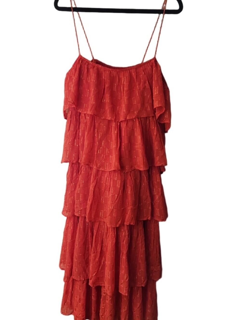 Anthropologie Red Tiered Ruffle Midi Dress with Gold Accents Size Large - Picture 6 of 12